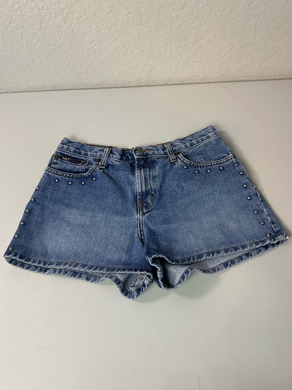 lei Vintage Y2K Mid Rise Denim Metallic Studded Shortie Shorts Size 11 Juniors